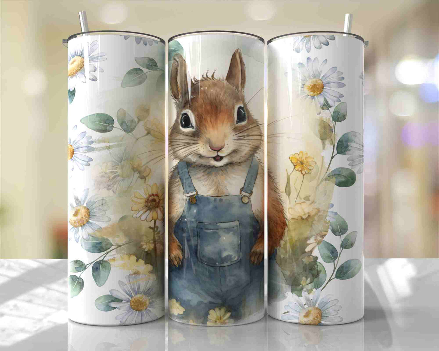watercolor squirrel in overalls